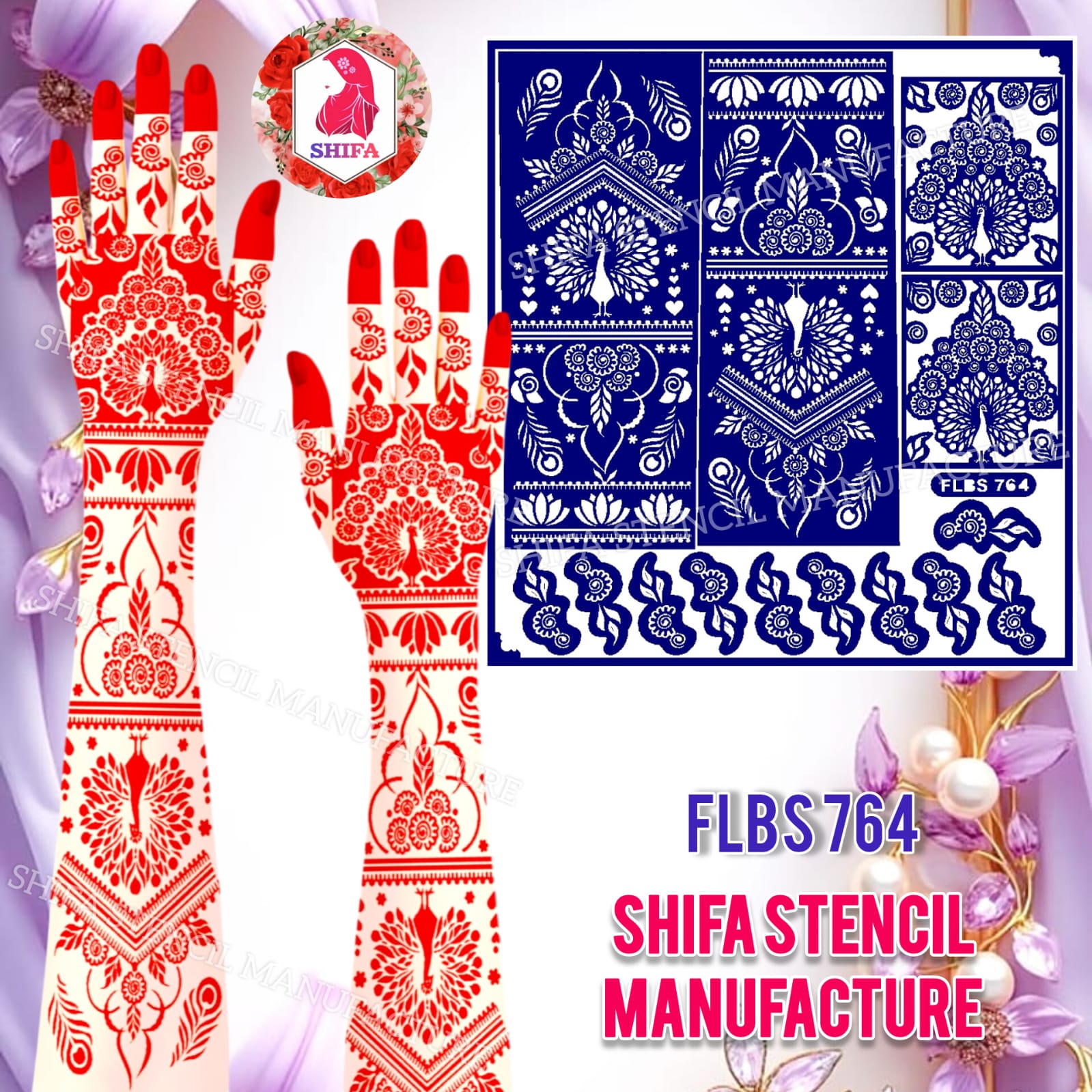FLBS 764 Peacock Festival Special Design Sticker overview Henna Stencil - Shifa Stencil